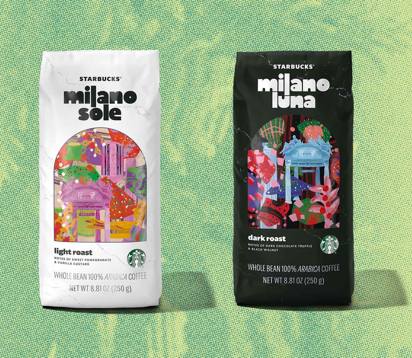 Two bags of coffee with colorful illustrations: one reads Milano Sole and the other reads Milano Luna.