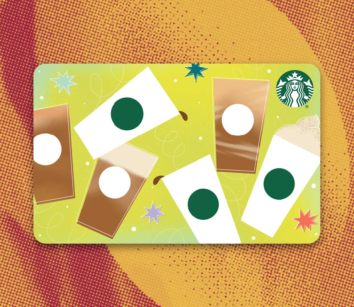 A Starbucks gift card with a pattern of floating stars and hot and cold cups on a light green background.