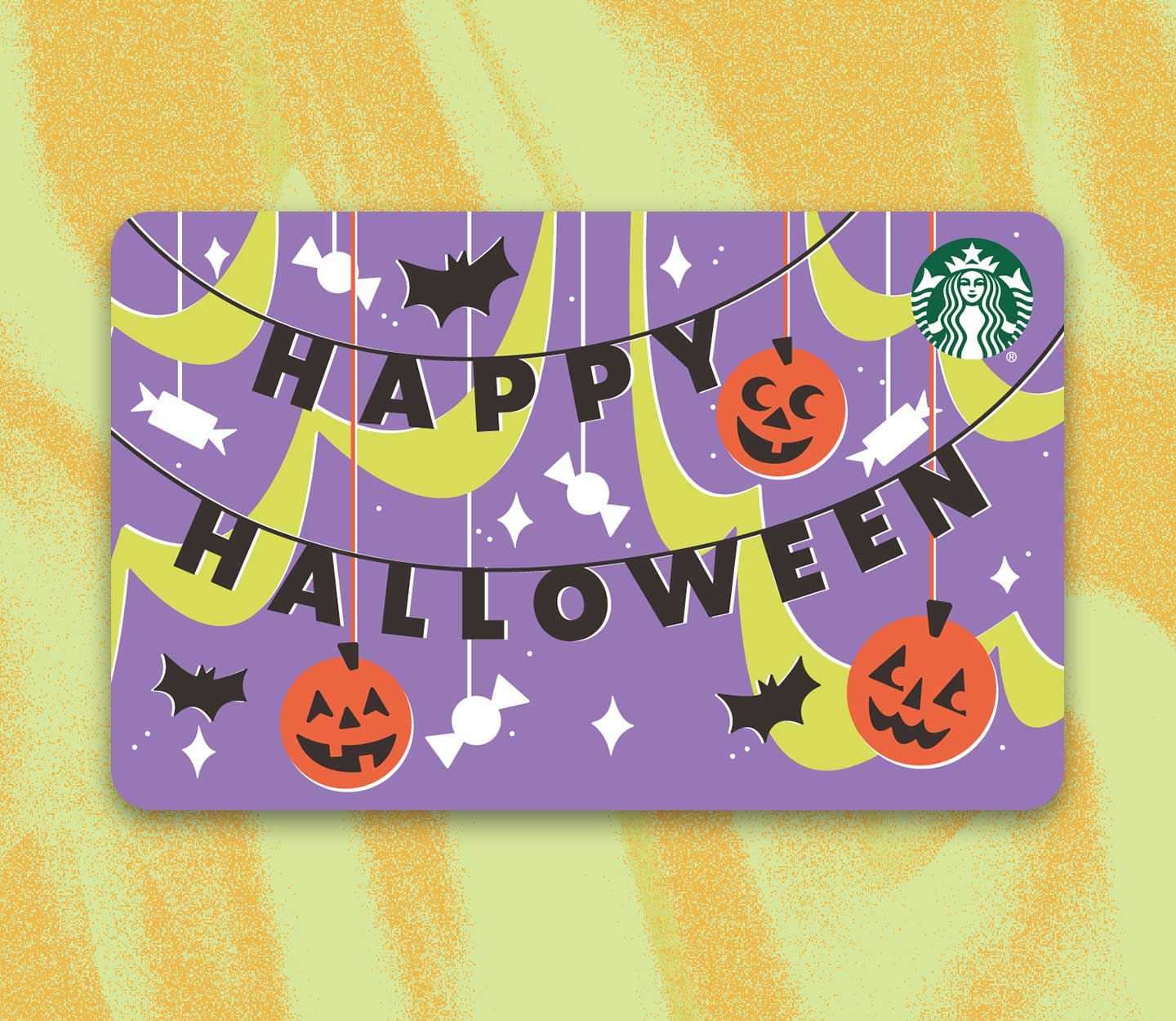 A Starbucks gift card with the words, “Happy Halloween” hanging from an illustrated banner with hanging pumpkins, candy and bats.