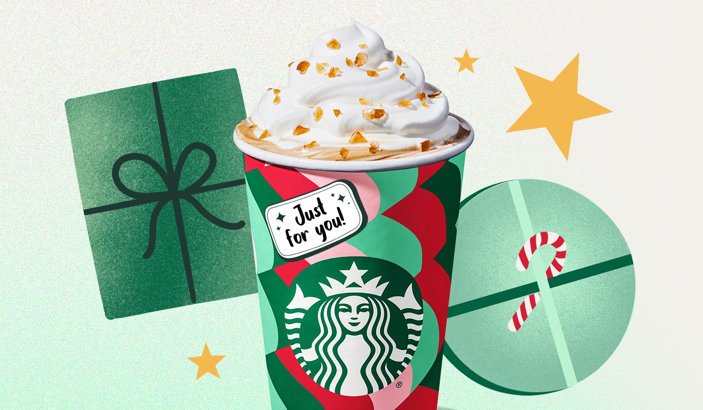 Caramel Brulee Latte surrounded by presents and stars