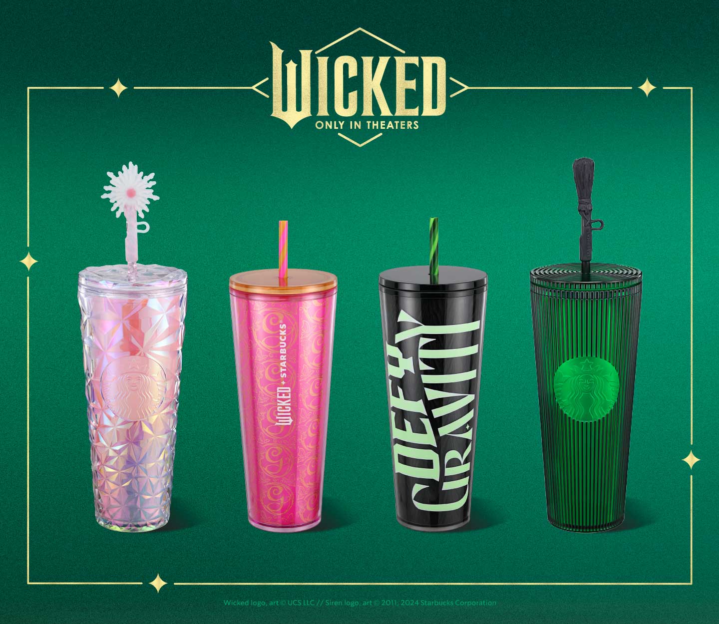 Four new WICKED-inspired Starbucks cups sit together on a green background with the WICKED logo.