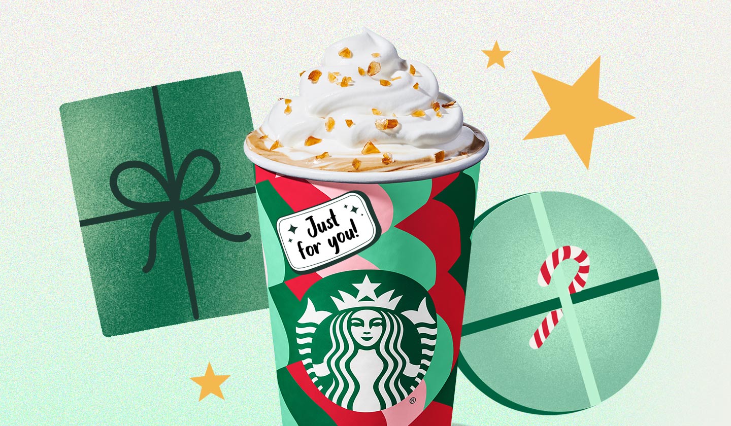 Caramel Brulee Latte surrounded by presents and stars