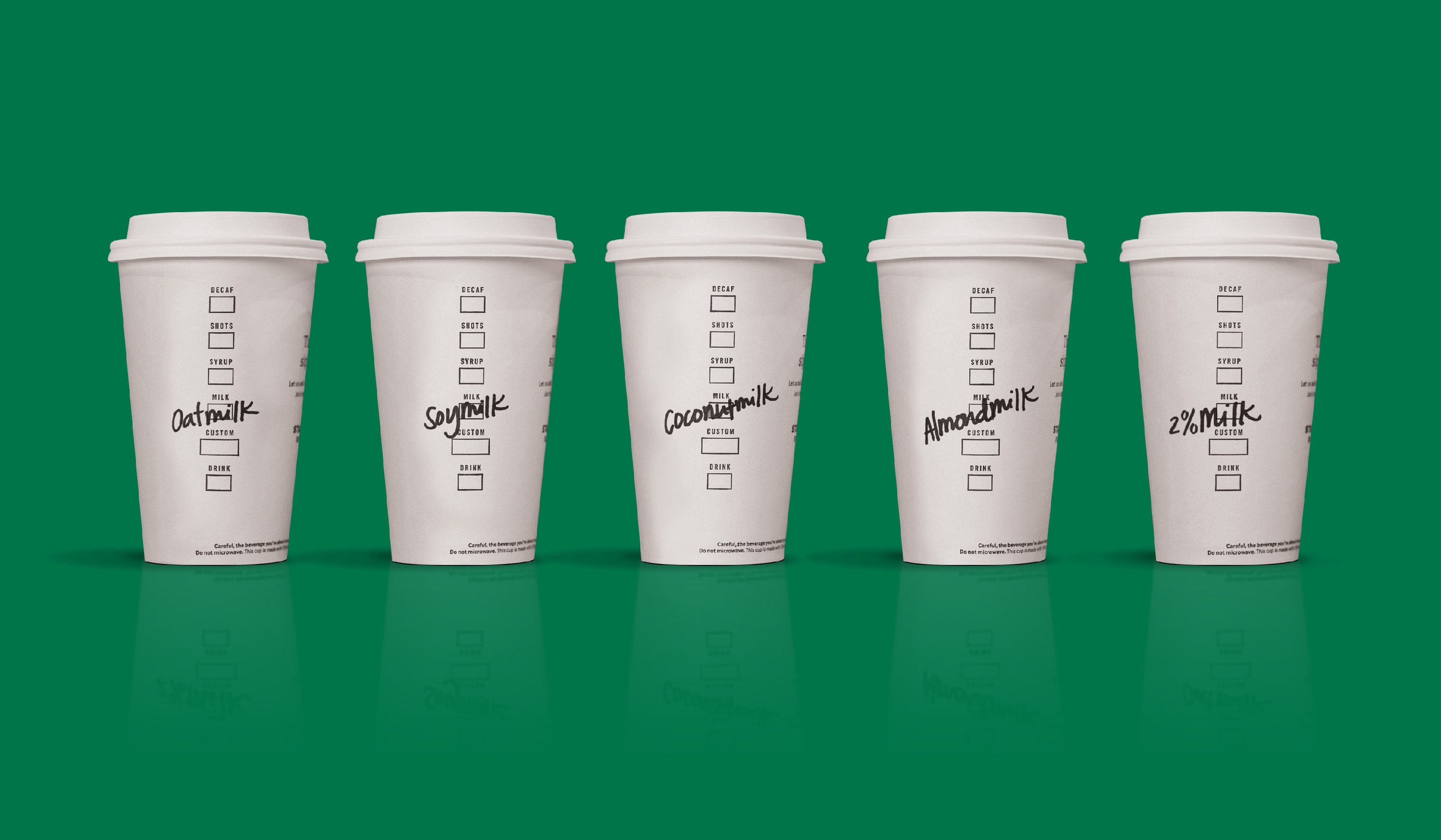 Five Starbucks® hot cups sit on a green background—each cup noting a different non-dairy customization.