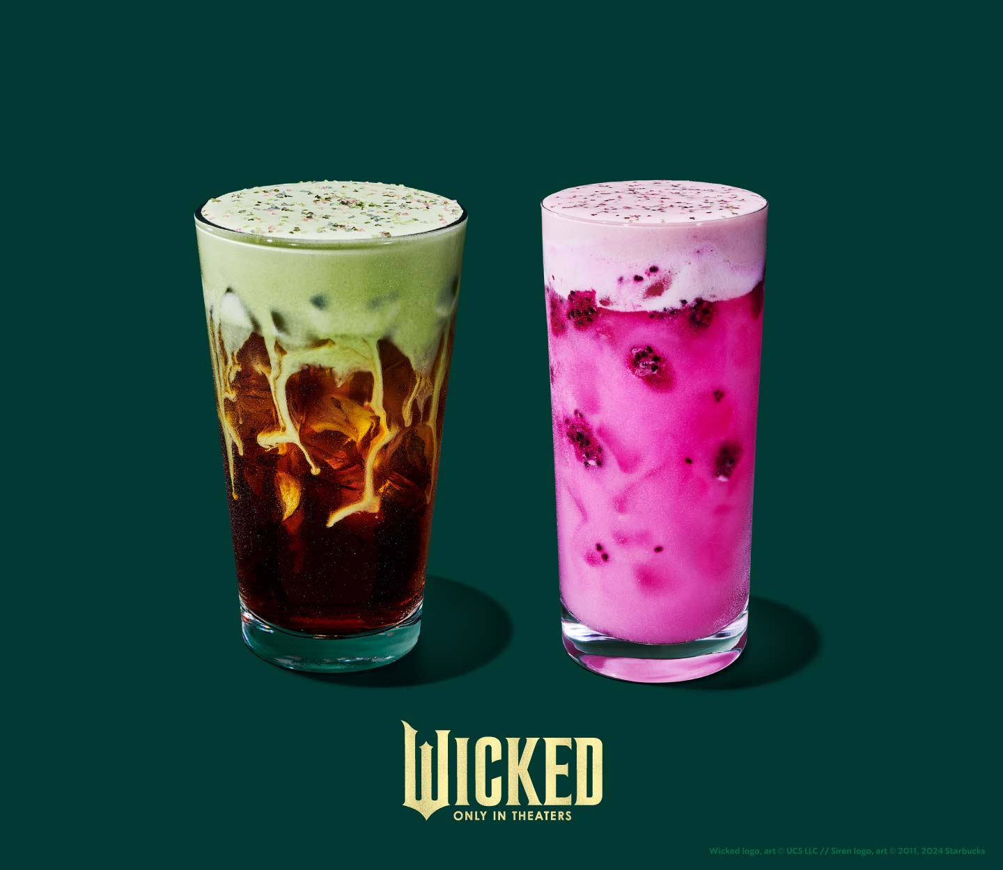 Two new WICKED-inspired Starbucks® drinks sit together on a green background with the WICKED logo.