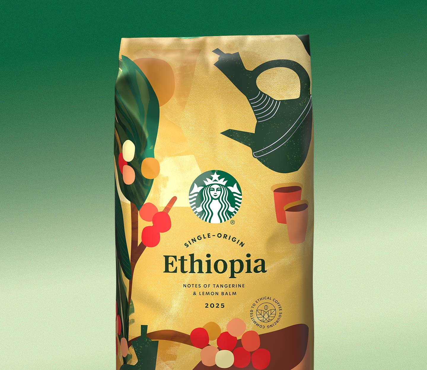 A bag of whole bean coffee with illustrations of coffee cherries, carafes and cups that reads: Single-Origin Ethiopia.