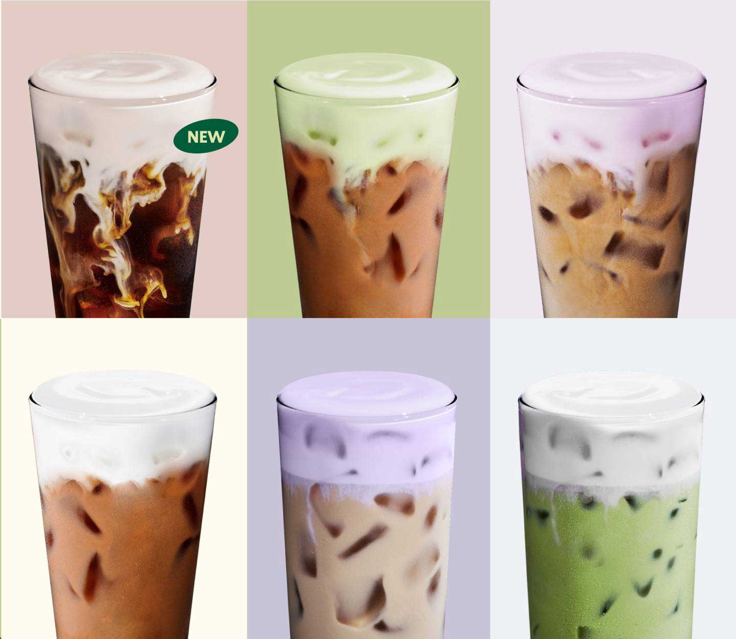 A grid of six cold coffee and tea drinks topped with different flavors of cold foam. The background color of each image matches the color of the cold foam flavor. A badge that reads “New” adorns the Brown Sugar Cream Cold Foam.