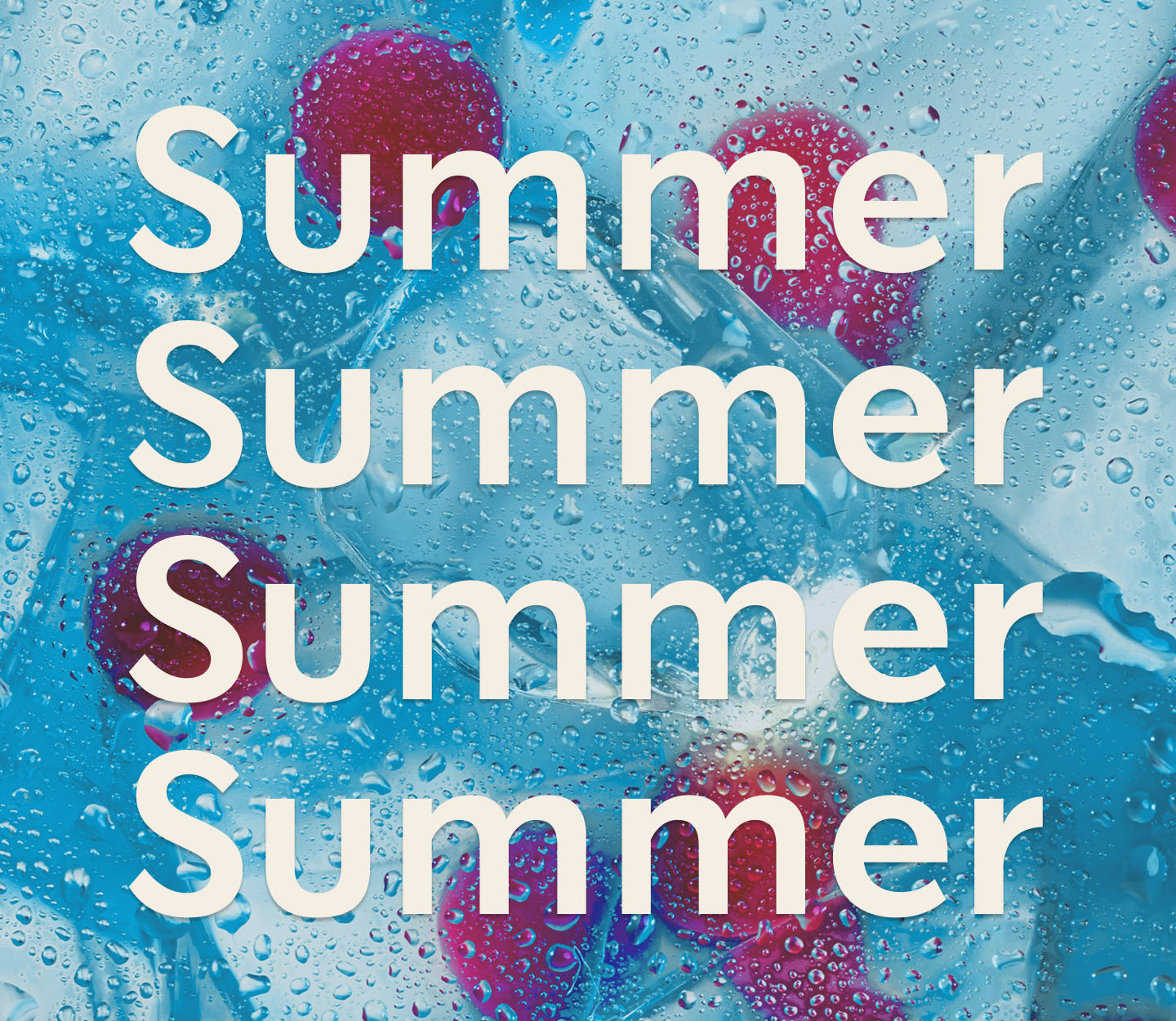A vibrant blue Starbucks Summer-Berry Refresher with red, raspberry-flavored pearls, with the word summer repeated 4 times in white text.