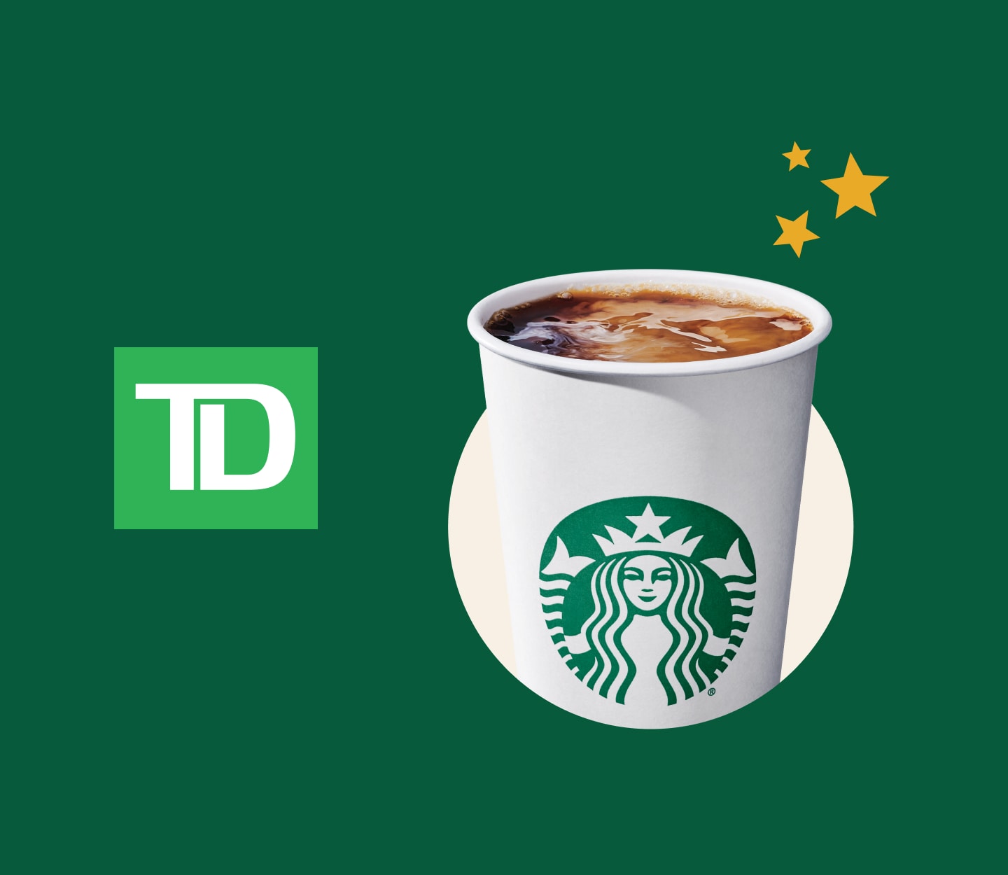 The TD logo sits on the left beside a coffee. Above the drink, three twinkling stars dance playfully, all set against a vibrant green backdrop.
