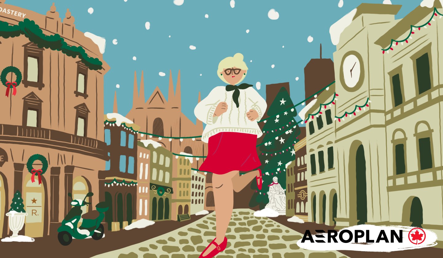 Illustration of a woman in a festive outfit running through the snowy streets of Milan.