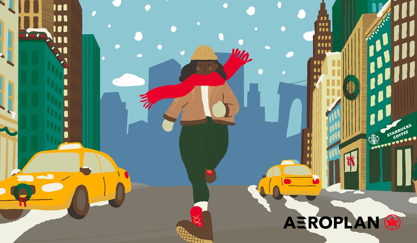 Illustration of a woman in winter clothing running through the snowy streets of New York City.