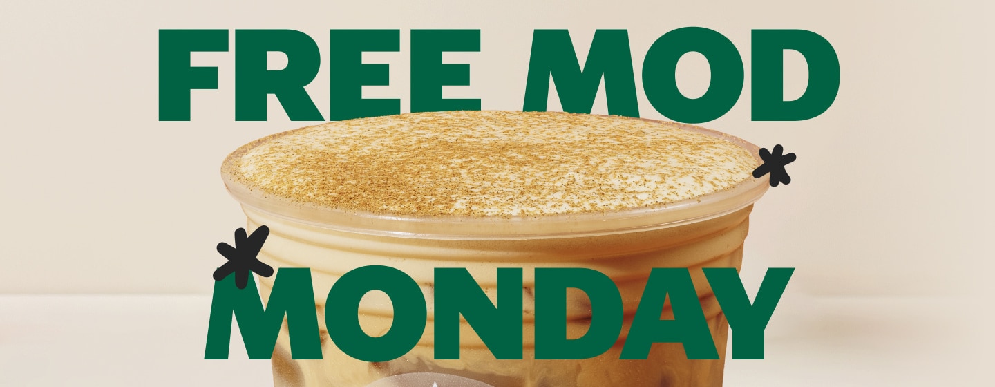 A cold drink topped with cold foam. Two sharpie Stars decorate the image. On top, bolded text reads Free Mod Monday.