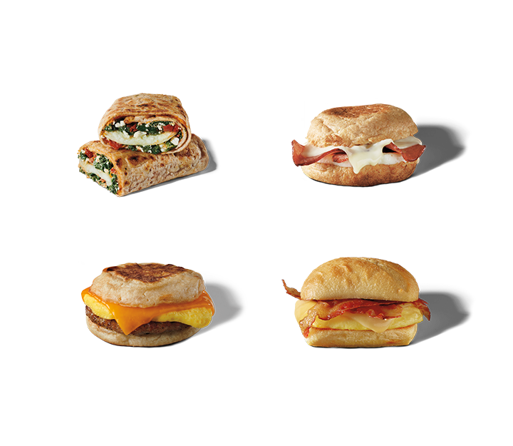 A variety of breakfast sandwich and wrap options