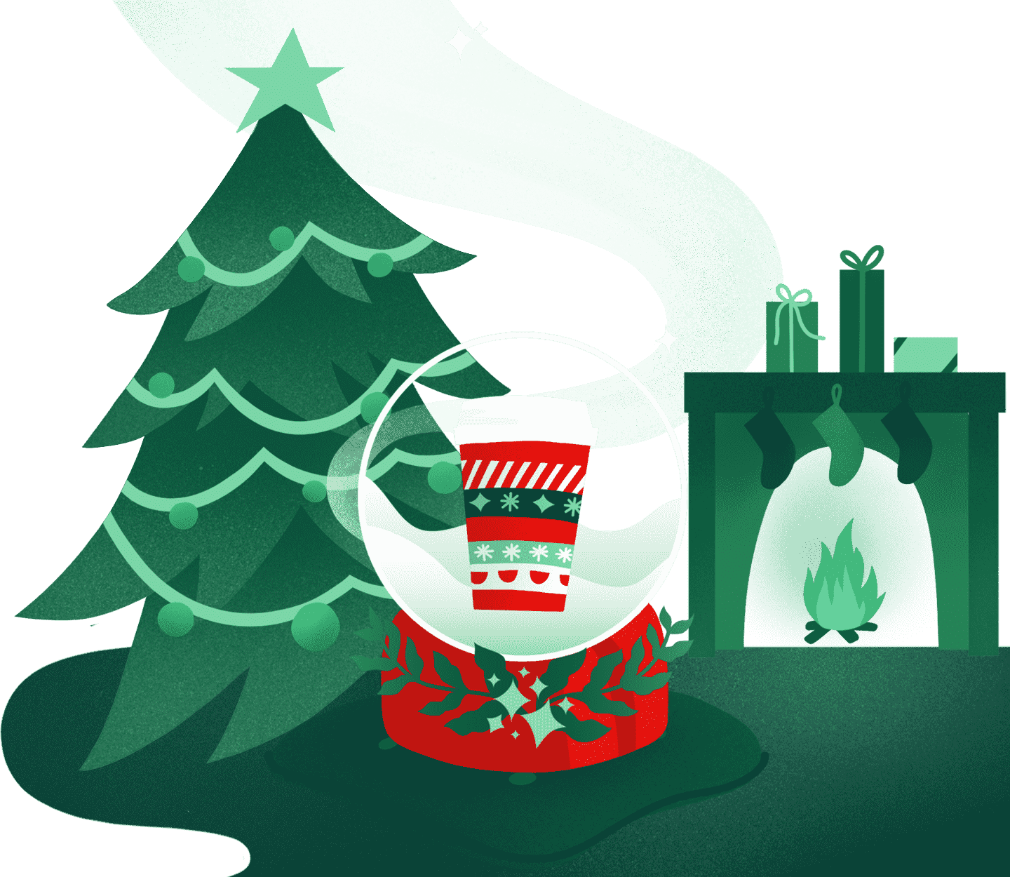 A Starbucks cup in a snow globe surrounded by holiday decorations.