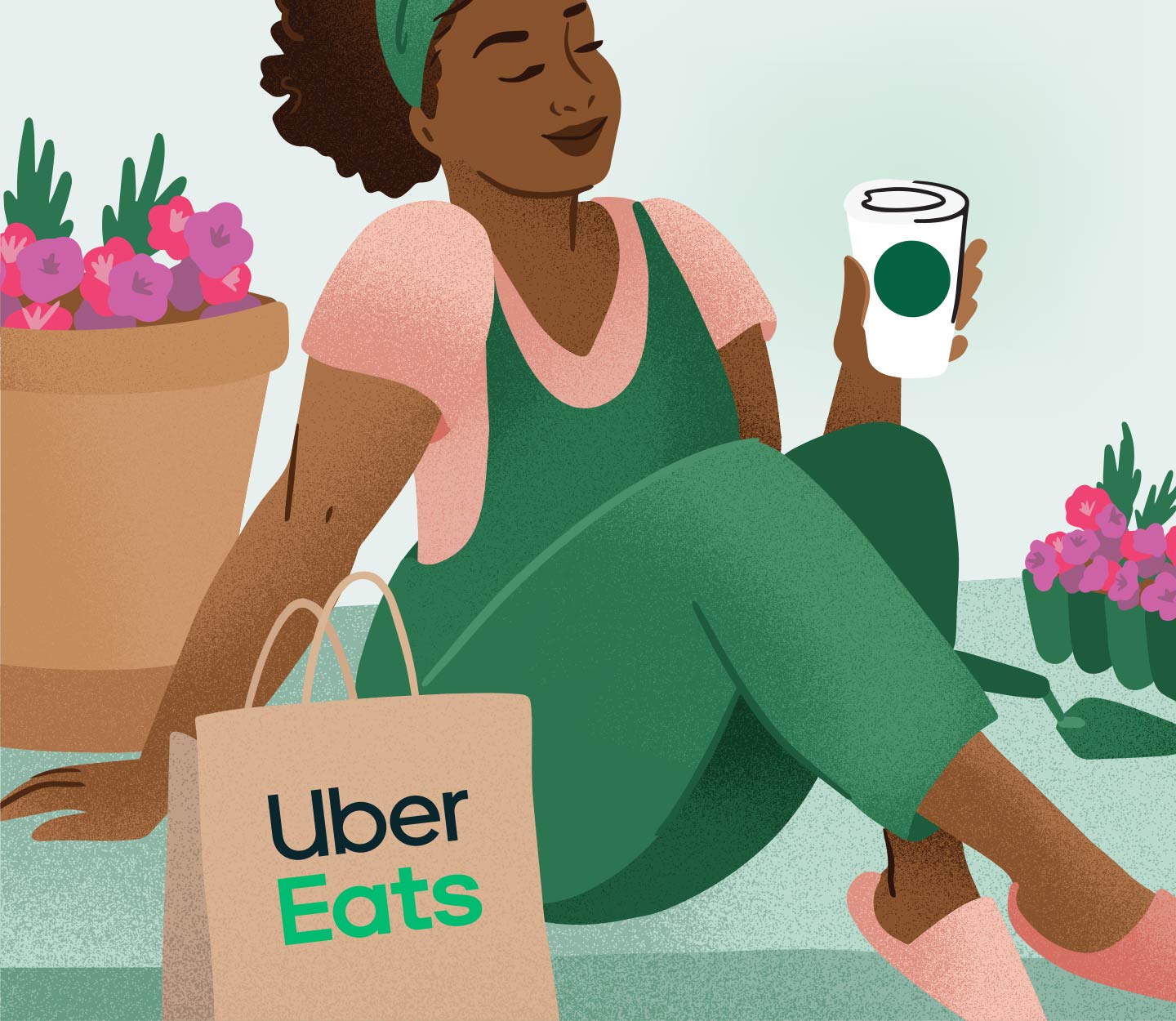 Illustration of a woman sitting on her porch, taking a break from planting flowers with a drink in hand.