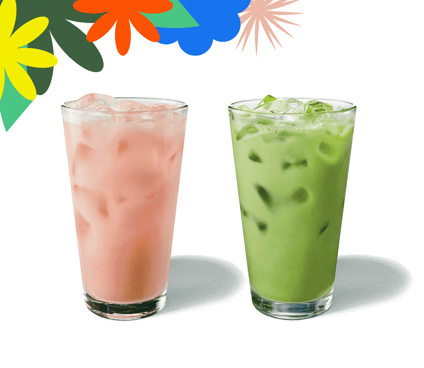 Two colourful iced drinks in glasses sit side by side