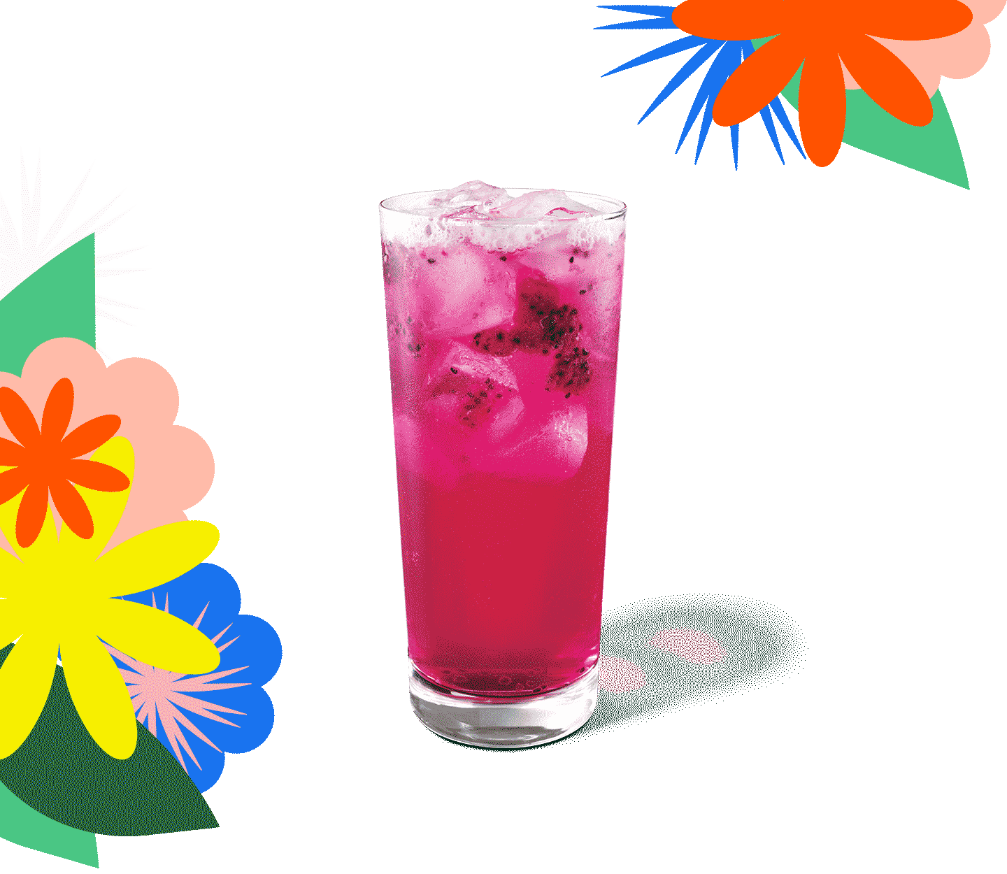 A bright pink beverage with dragonfruit pieces in a tall, thin glass.