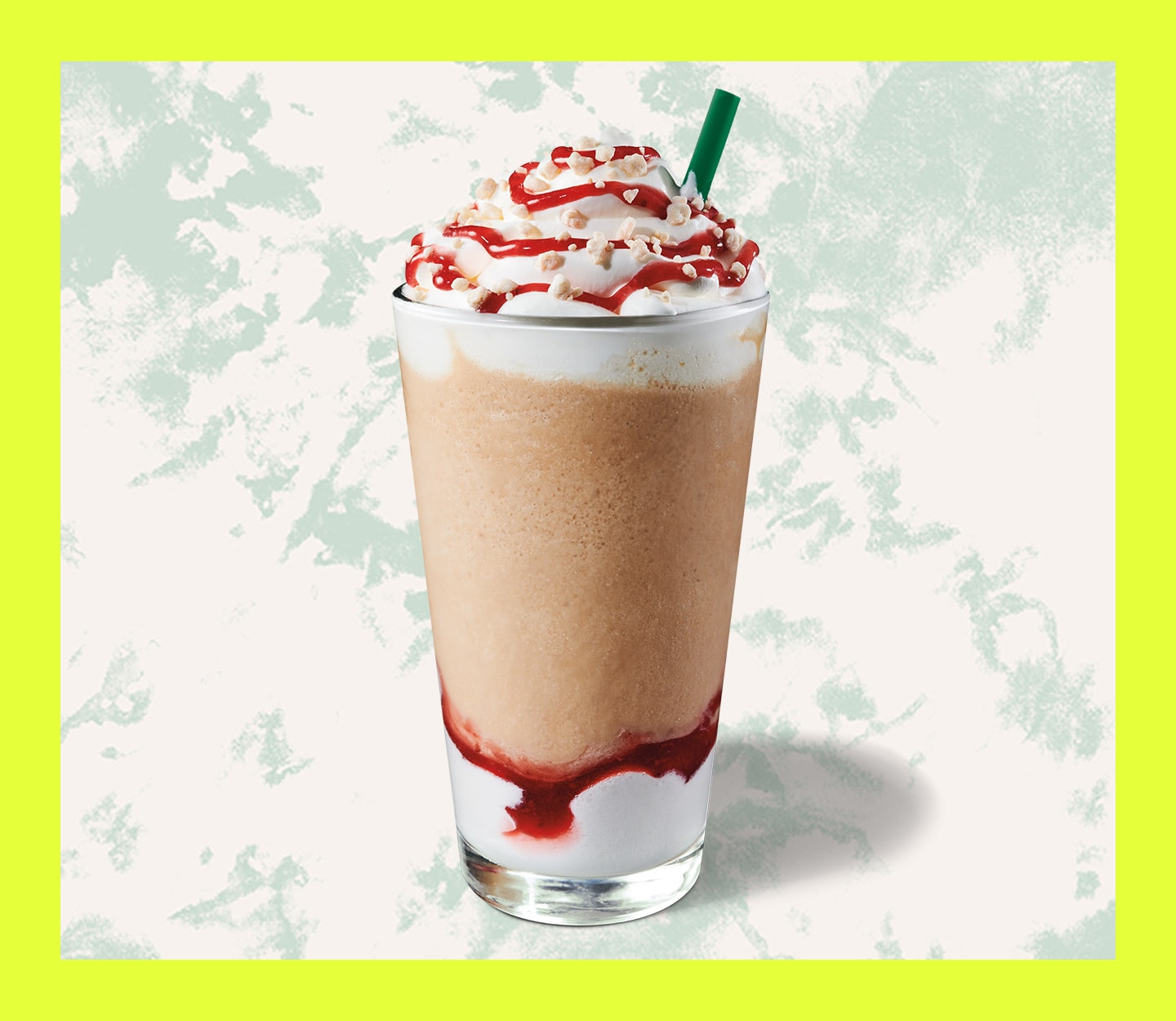 Layered, blended coffee beverage in a glass.