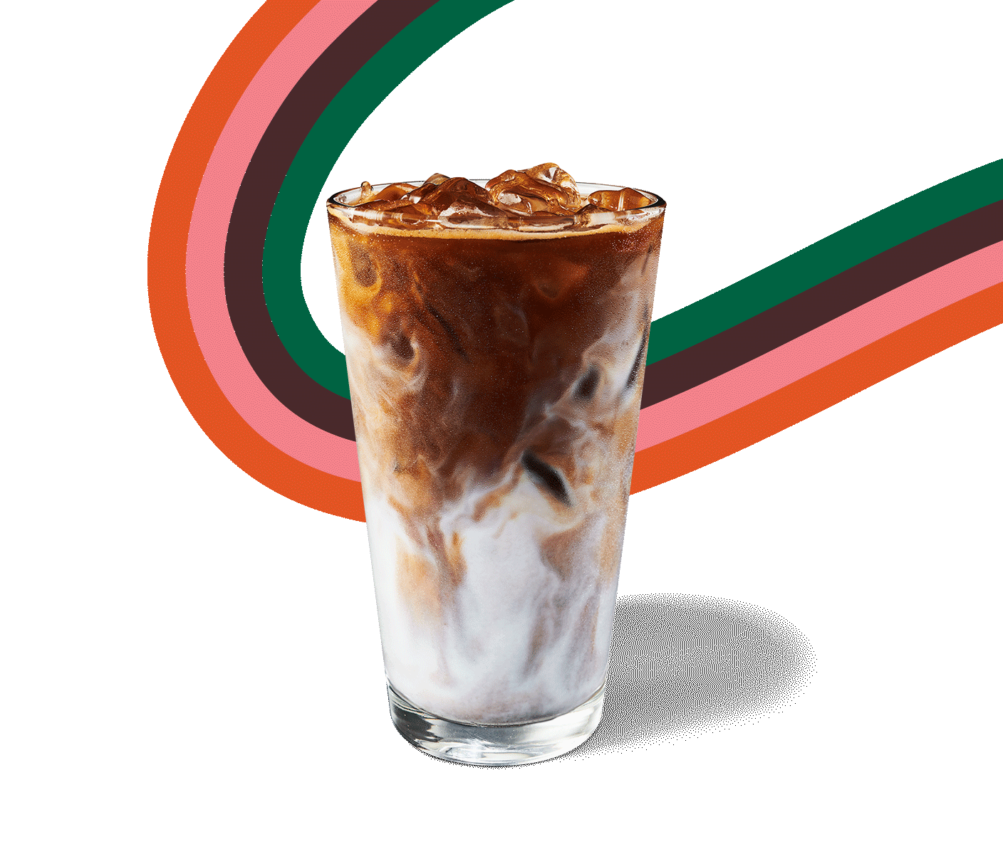 An iced macchiato topped with spiced apple drizzle sits atop a beige background featuring a graphic swirl.