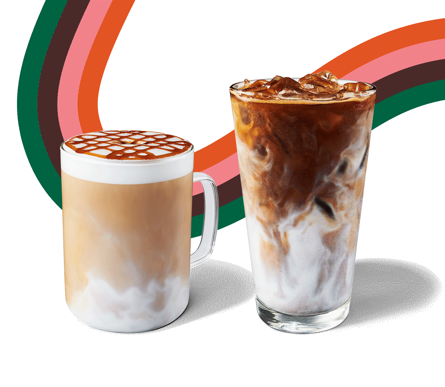 A hot macchiato topped with spiced apple drizzle sits next to an iced macchiato in a fall swirl layout.