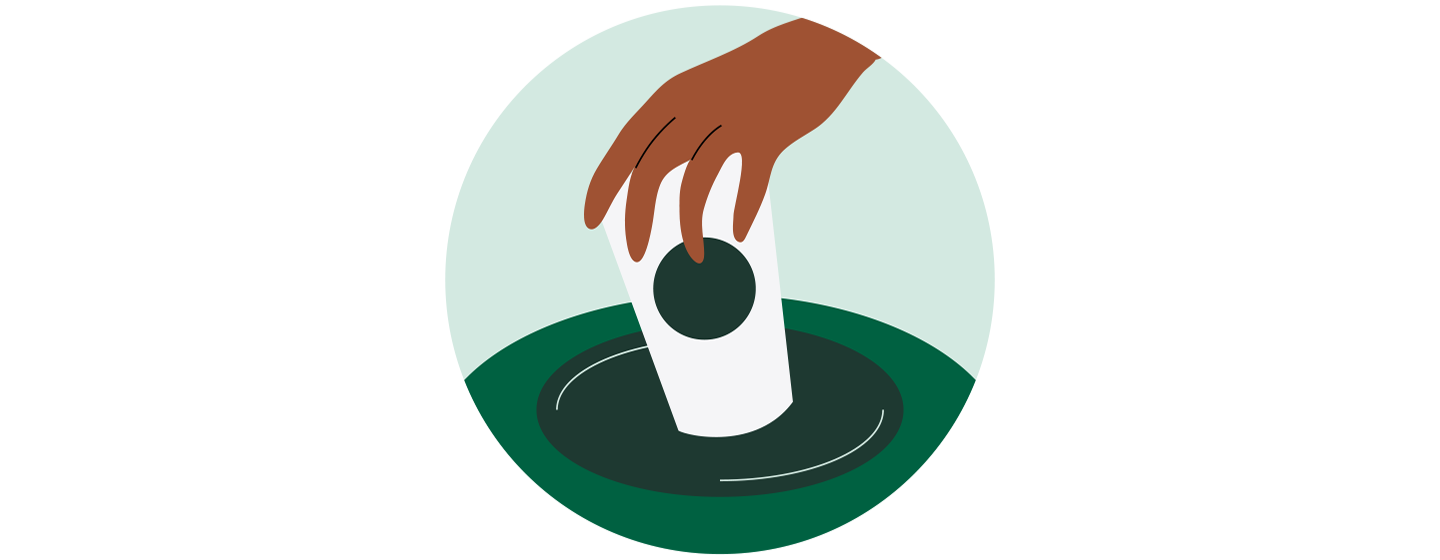 Illustration of a hand releasing a to-go cup into a waste receptacle