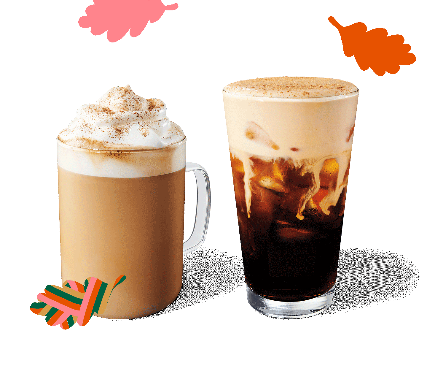 A Pumpkin Cream Cold Brew sits next to a Pumpkin Spice Latte in a layout with graphic, fall leaves.