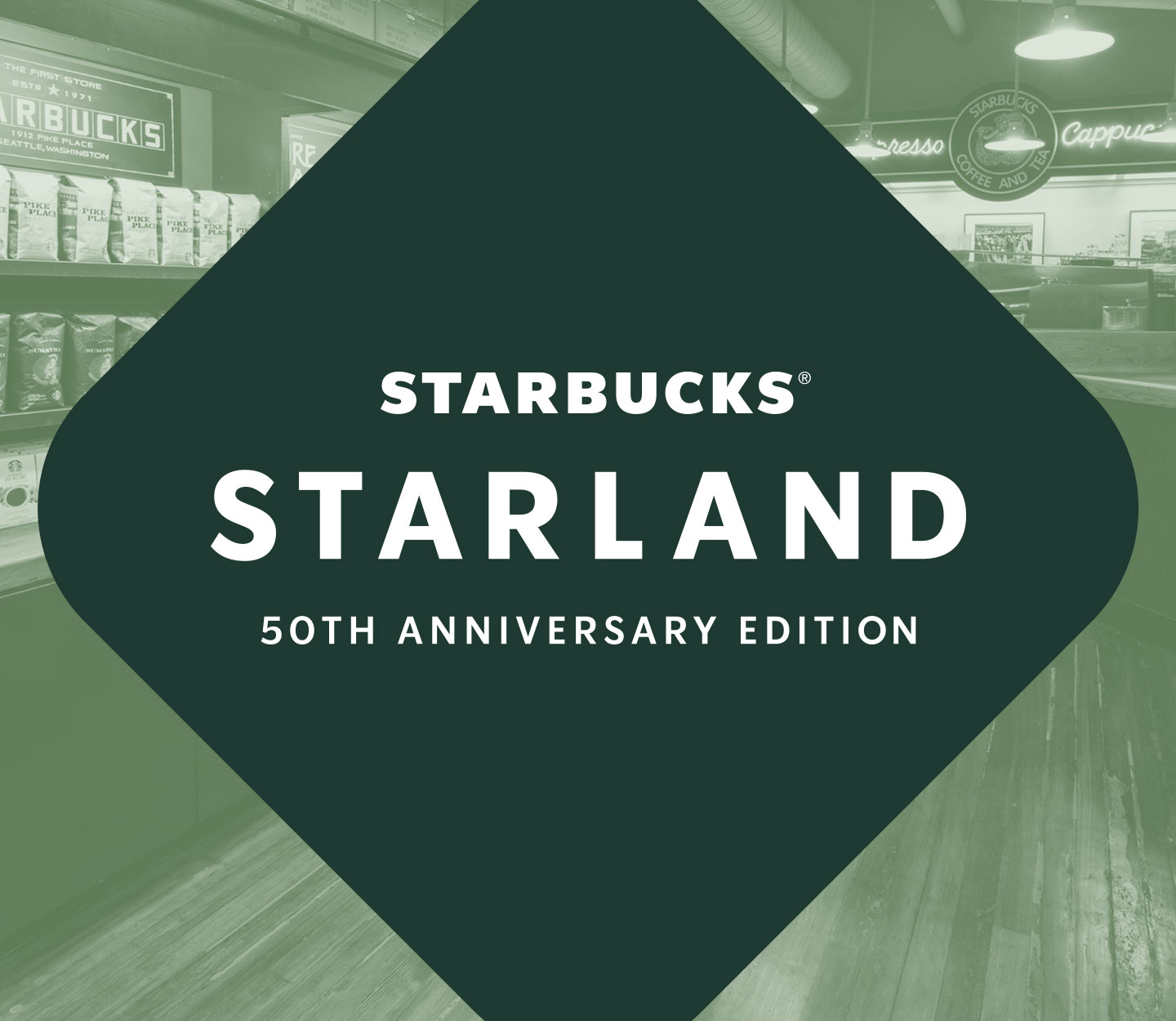 The words Starbucks® Starland: 50th Anniversary Edition inside a triangle shape overlays a photo displaying the interior of our Pike Place Market store.