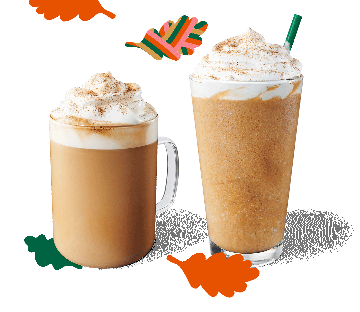 A Pumpkin Spice Frappuccino® blended beverage sits next to a Pumpkin Spice Latte in a layout with graphic, fall leaves.
