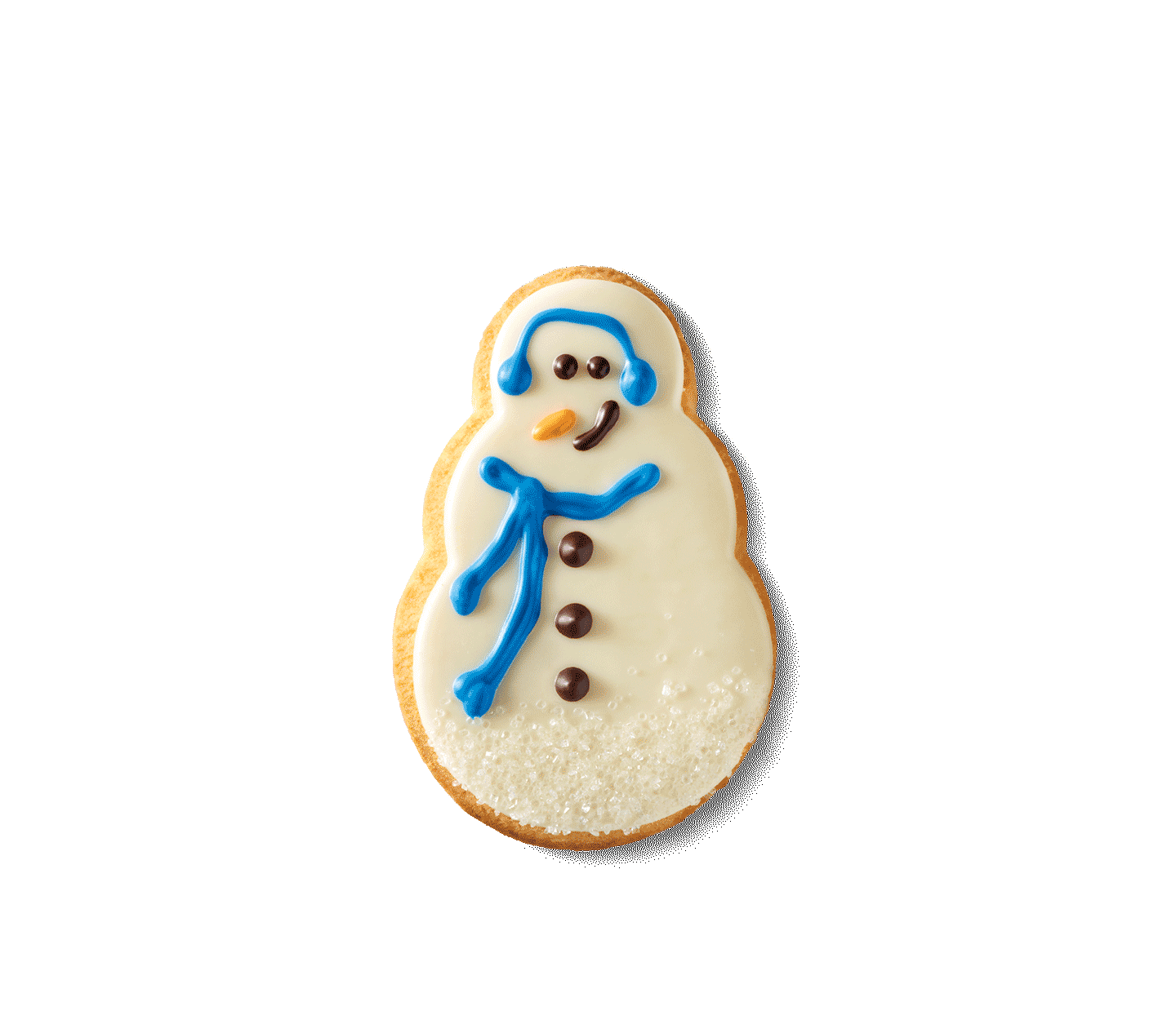 Snowman-shaped cookie decorated to look like a smiling snowman against a red background.