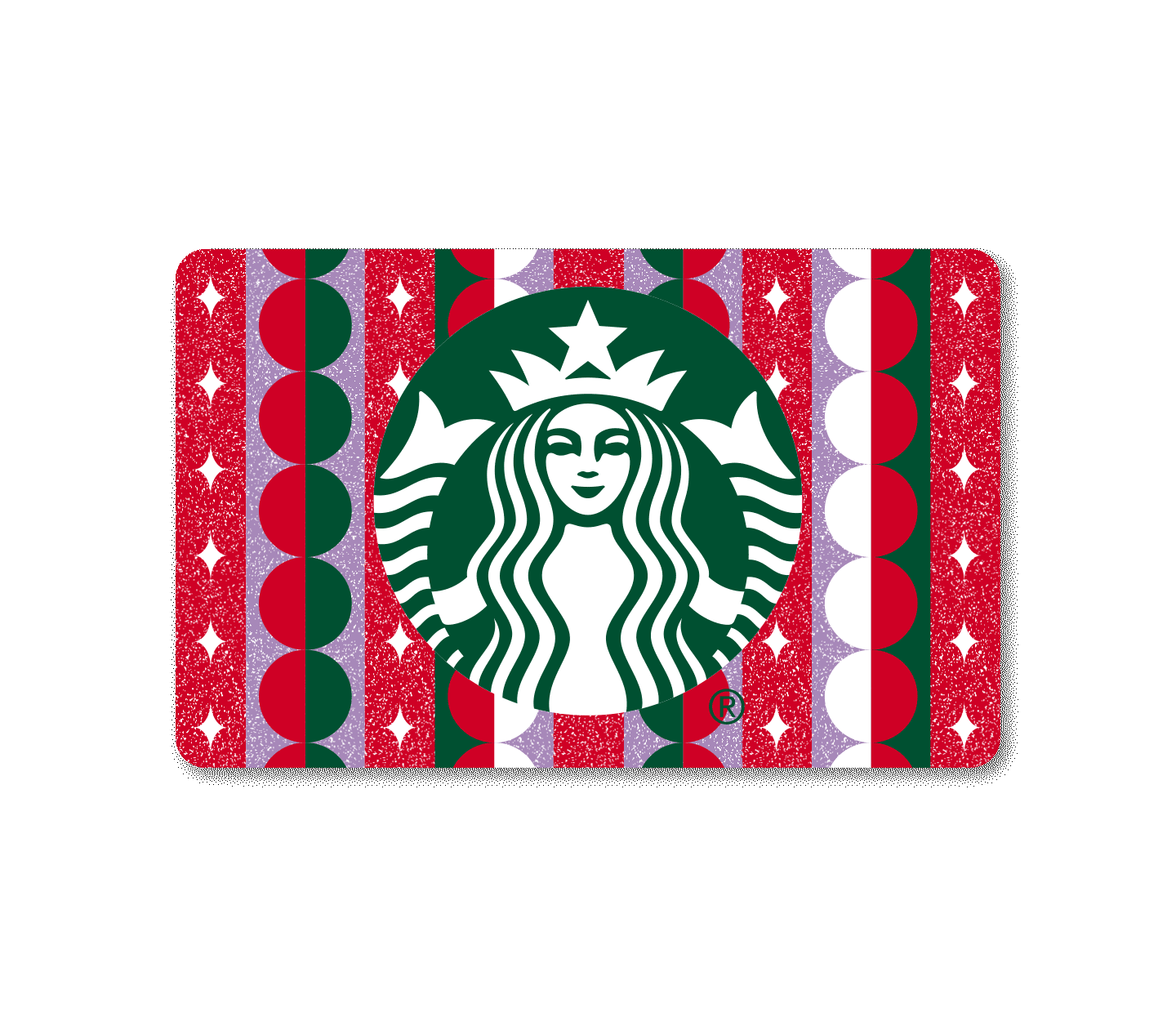Gift card with the Starbucks logo and red, green and purple stripes against a red background.