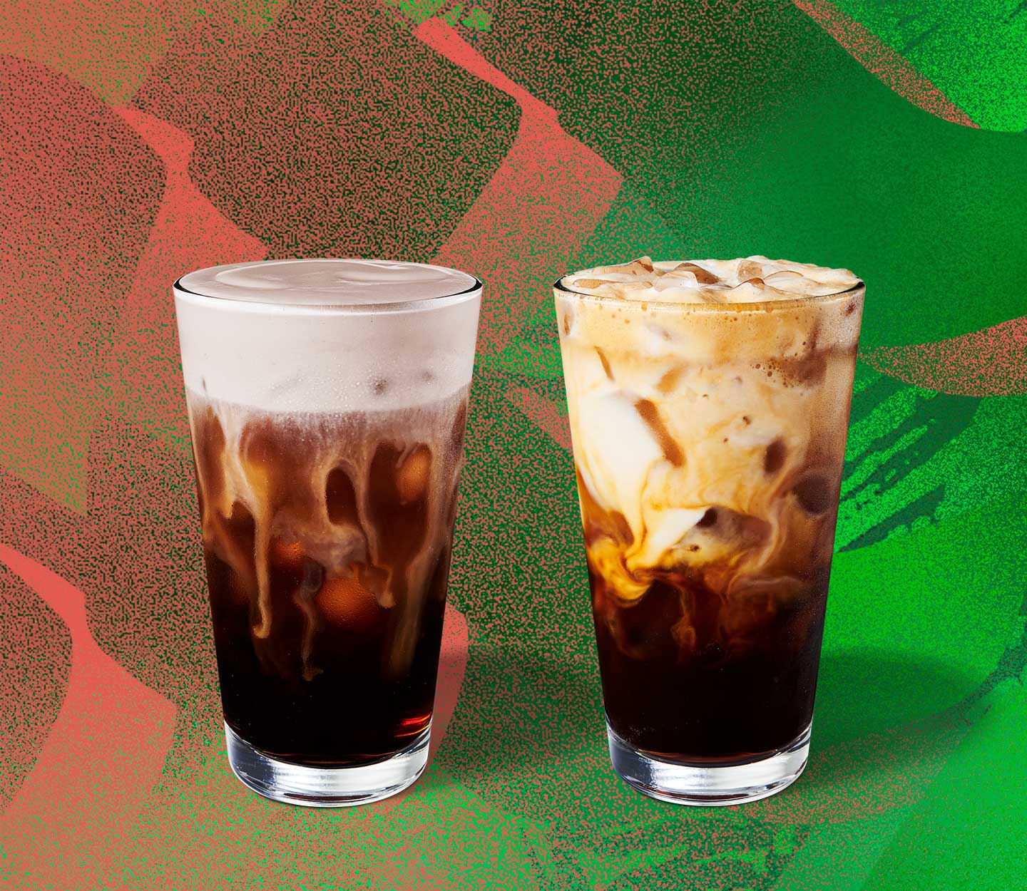 Iced coffee drink topped with foam and marbled iced coffee drink in tall glasses.