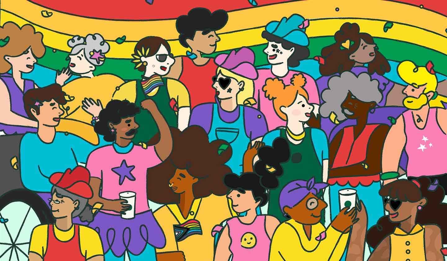 Colourful illustration of a diverse group of people, all standing in front of a rainbow background. There are some people wearing Starbucks aprons, others are wearing a rainbow of colourful outfits.