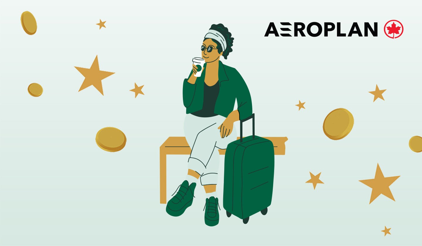 Illustration of a woman sitting drinking Starbucks with luggage next to her