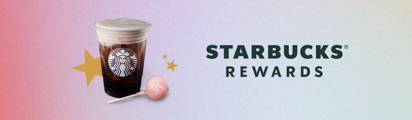 Starbucks products with gold stars featured on a pink and purple gradient background.