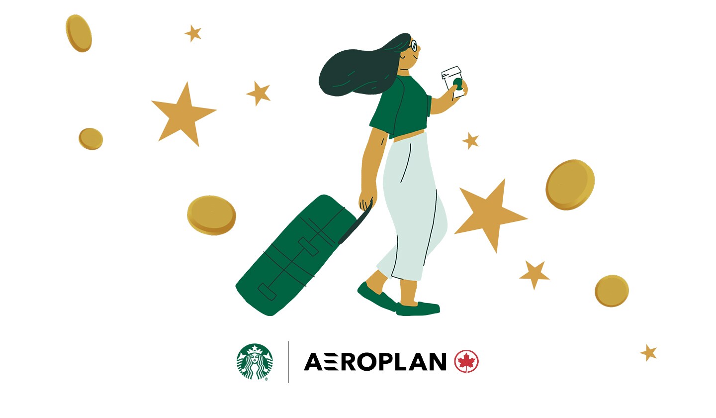 Illustration of a woman with luggage surrounded by stars and points