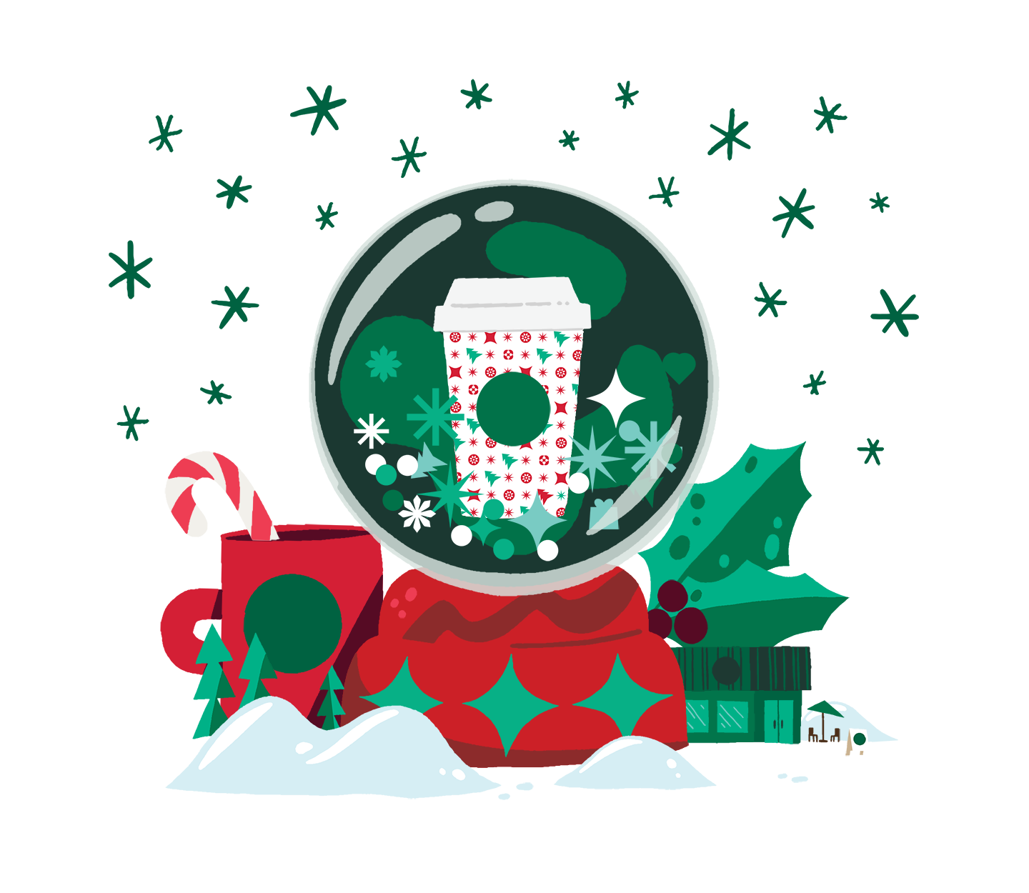 A snow globe with a Starbucks cup in the center of it, surrounded by a coffee mug with a candy cane in it, holly leaves, and snow.