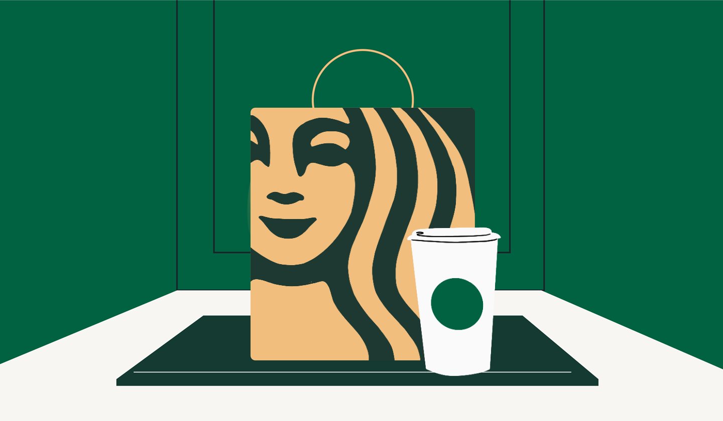 An illustration of a Starbucks takeaway coffee beside a paper bag
