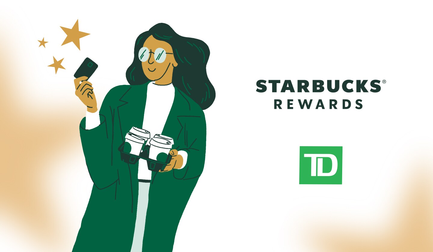 Starbucks Rewards and TD logo beside person holding TD Card and Starbucks drinks