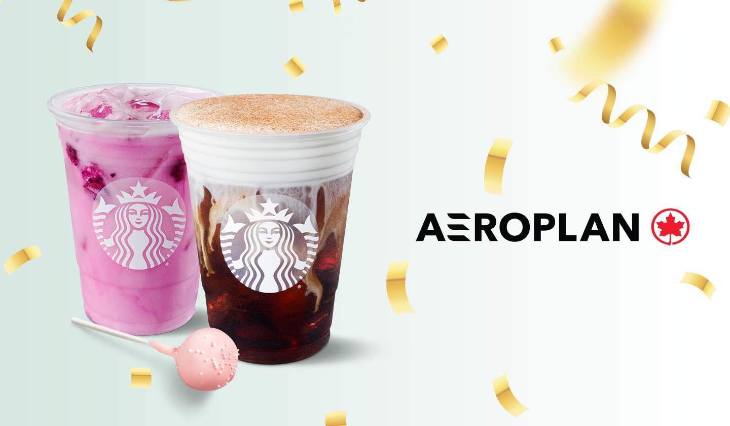 Starbucks cold beverages and cake pop accompanied by confetti and the Aeroplan logo