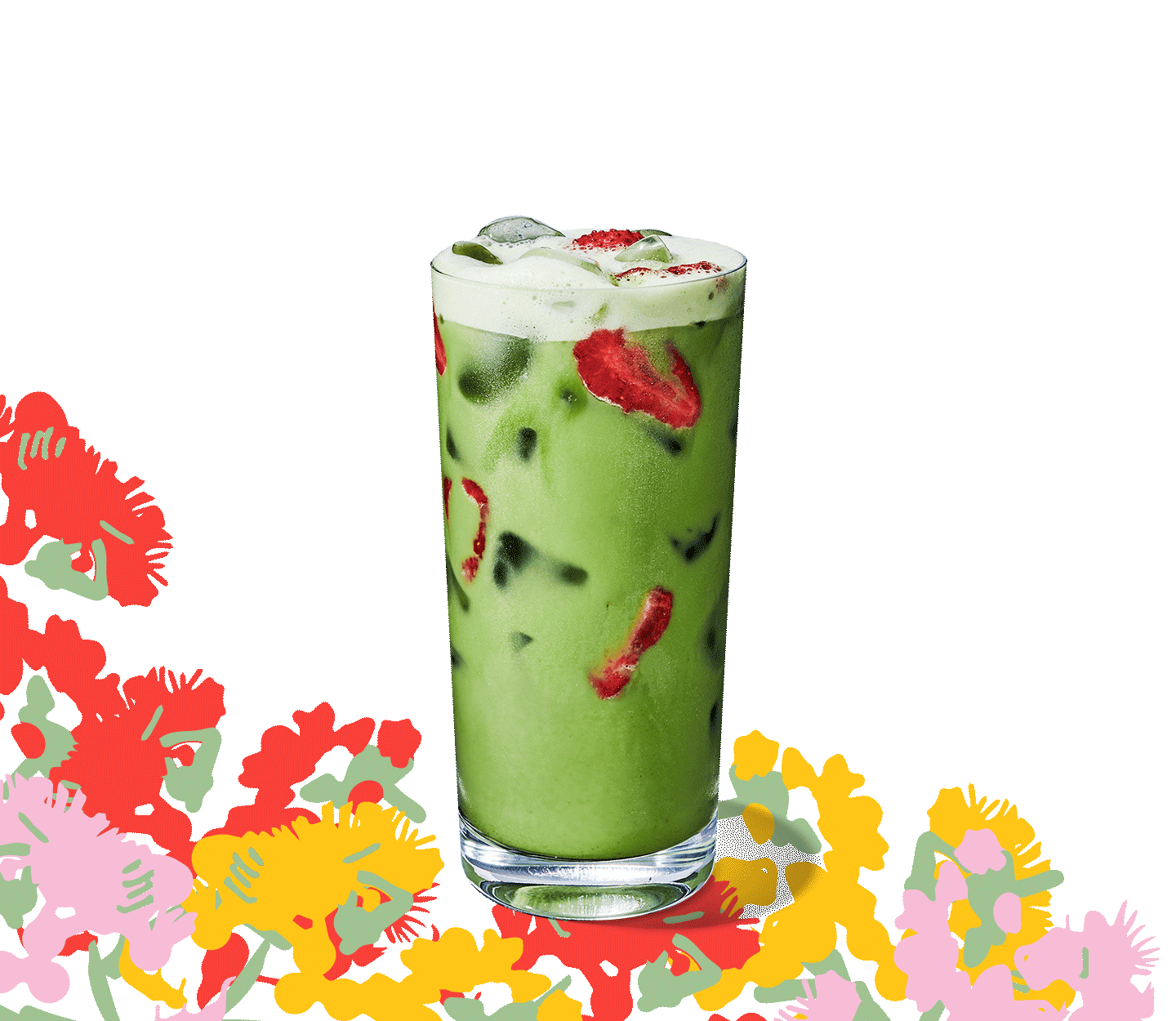 Iced green tea drink with strawberry inclusions in a tall glass.