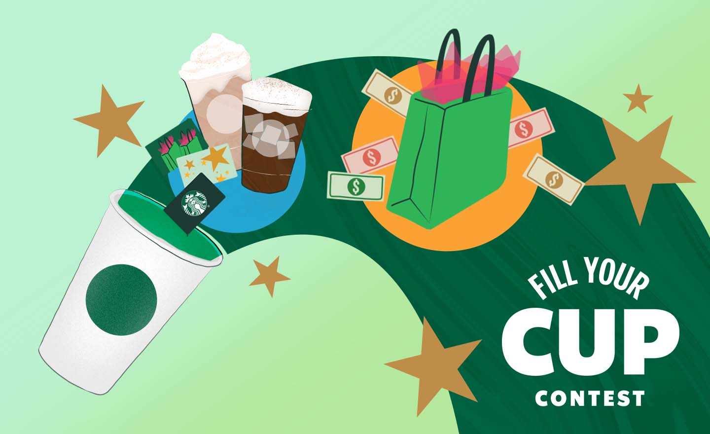 FILL YOUR CUP CONTEST - Starbucks cup and green swirl with money, shopping bag, drinks and stars coming out