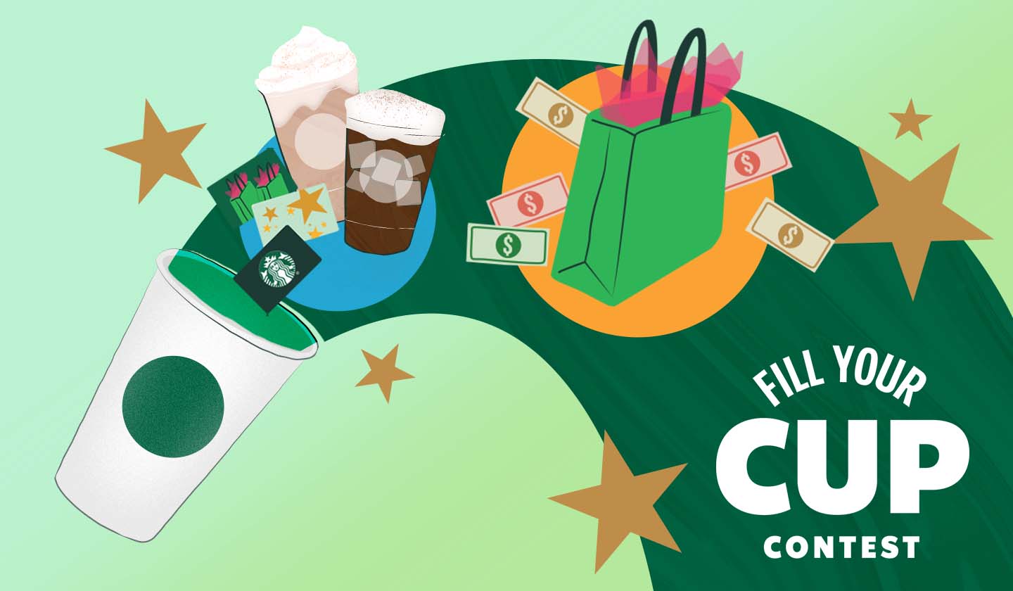 FILL YOUR CUP CONTEST | Starbucks cup and green swirl with money, shopping bag, drinks and stars coming out