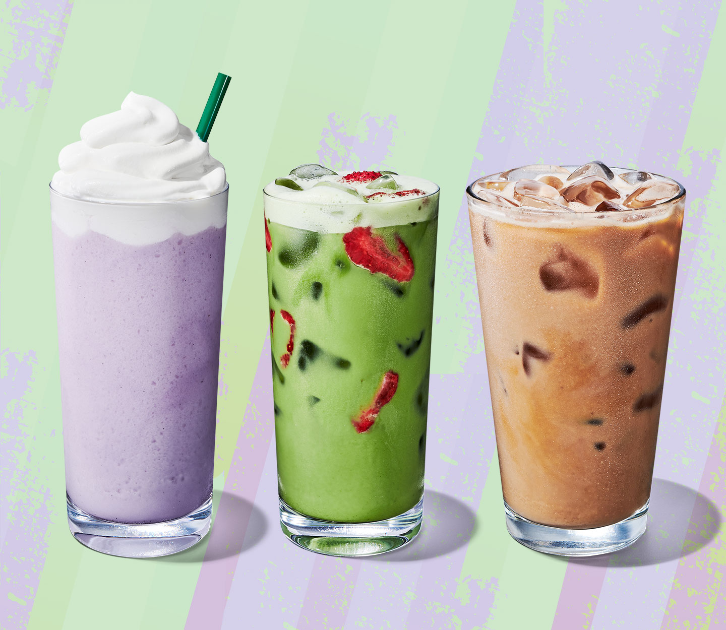 Lavender-hued blended drink, an iced green tea with strawberry inclusions and a creamy latte.