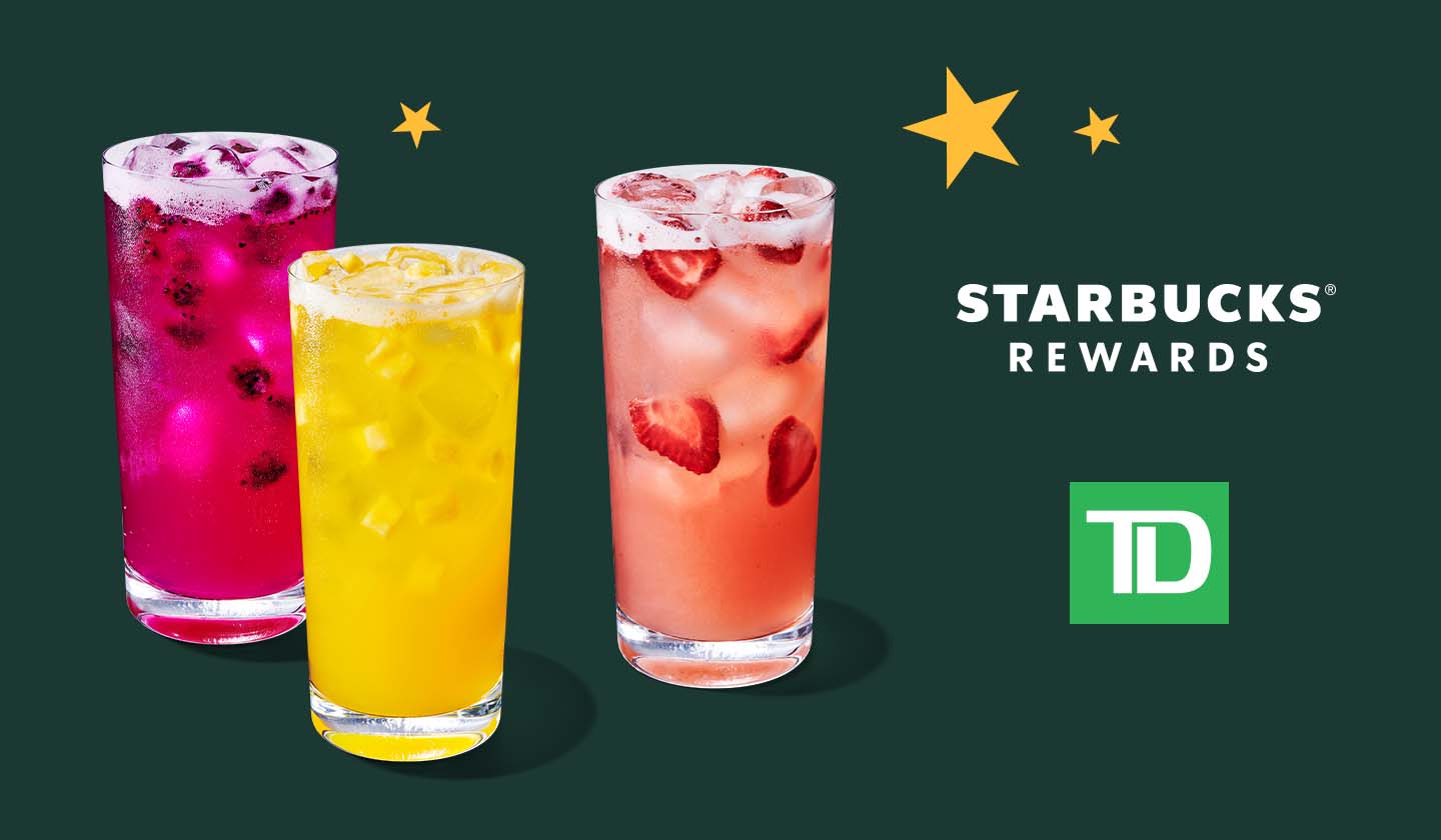 Starbucks drinks surrounded by stars and TD logo.