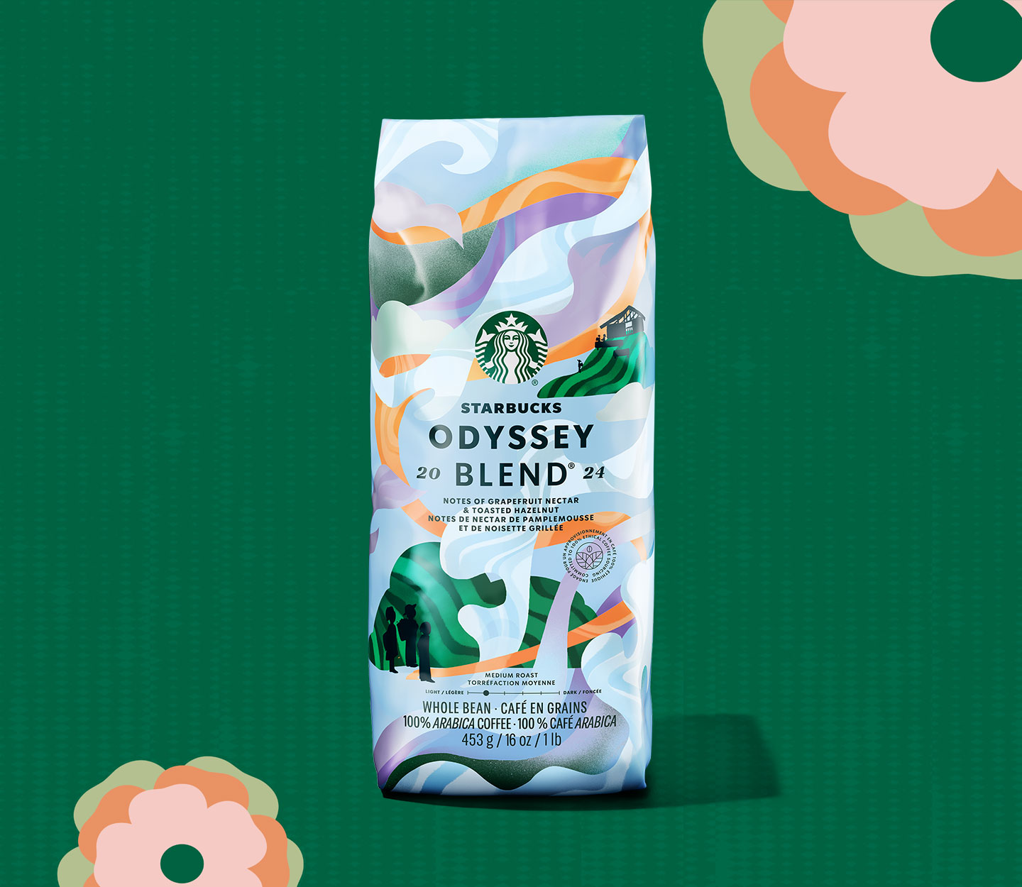 Coffee bag with an illustration of rolling hills in shades of green, blue and orange.