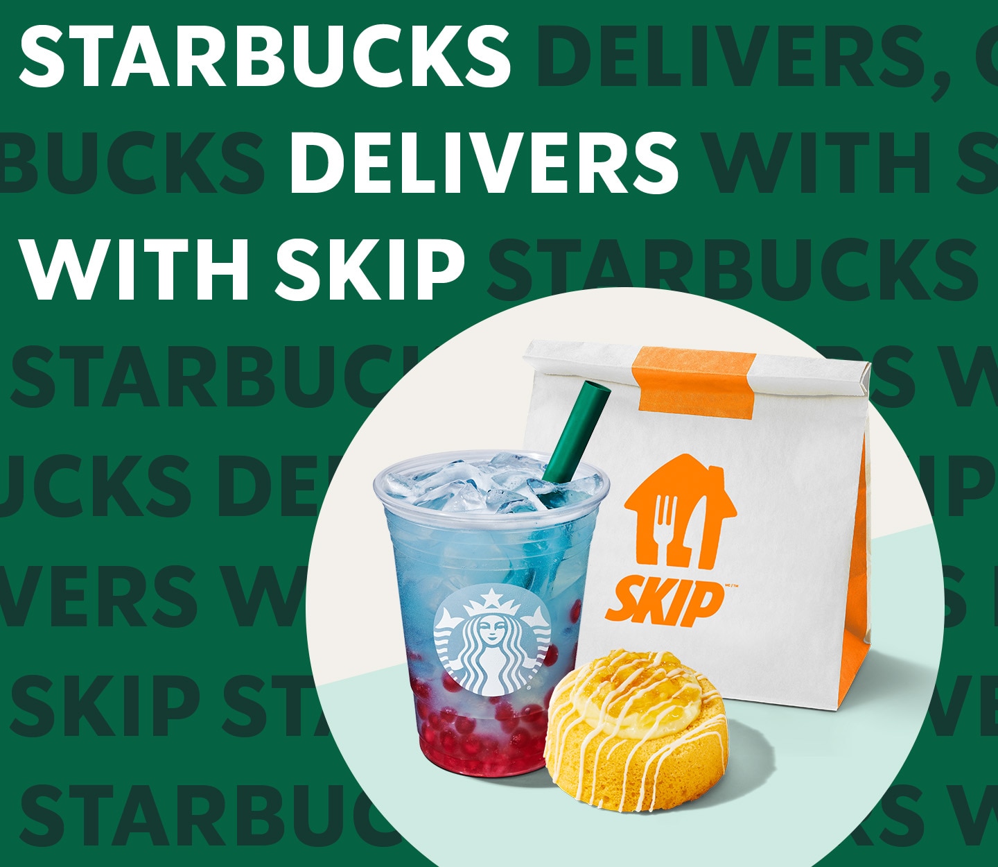 Starbucks Delivers with Skip | Starbucks products with Skip takeout bag