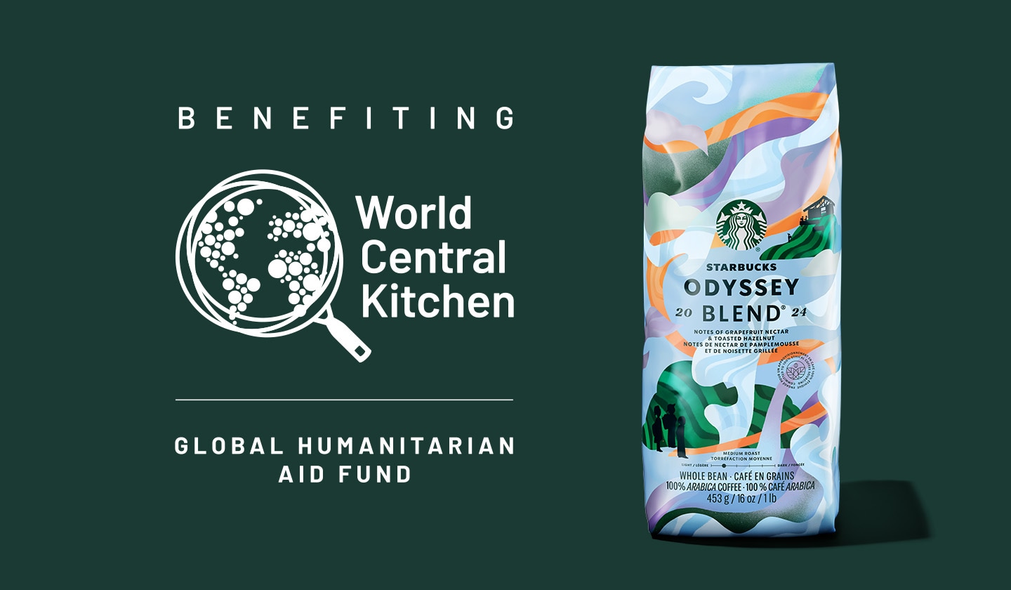 A bag of Starbucks Odyssey Blend sits in front of a green background. On its left, the “Benefitting World Central Kitchen Global Humanitarian Aid Fund and Global Humanitarian Aid Fund” logo featuring an illustrated globe inside a cooking pan.