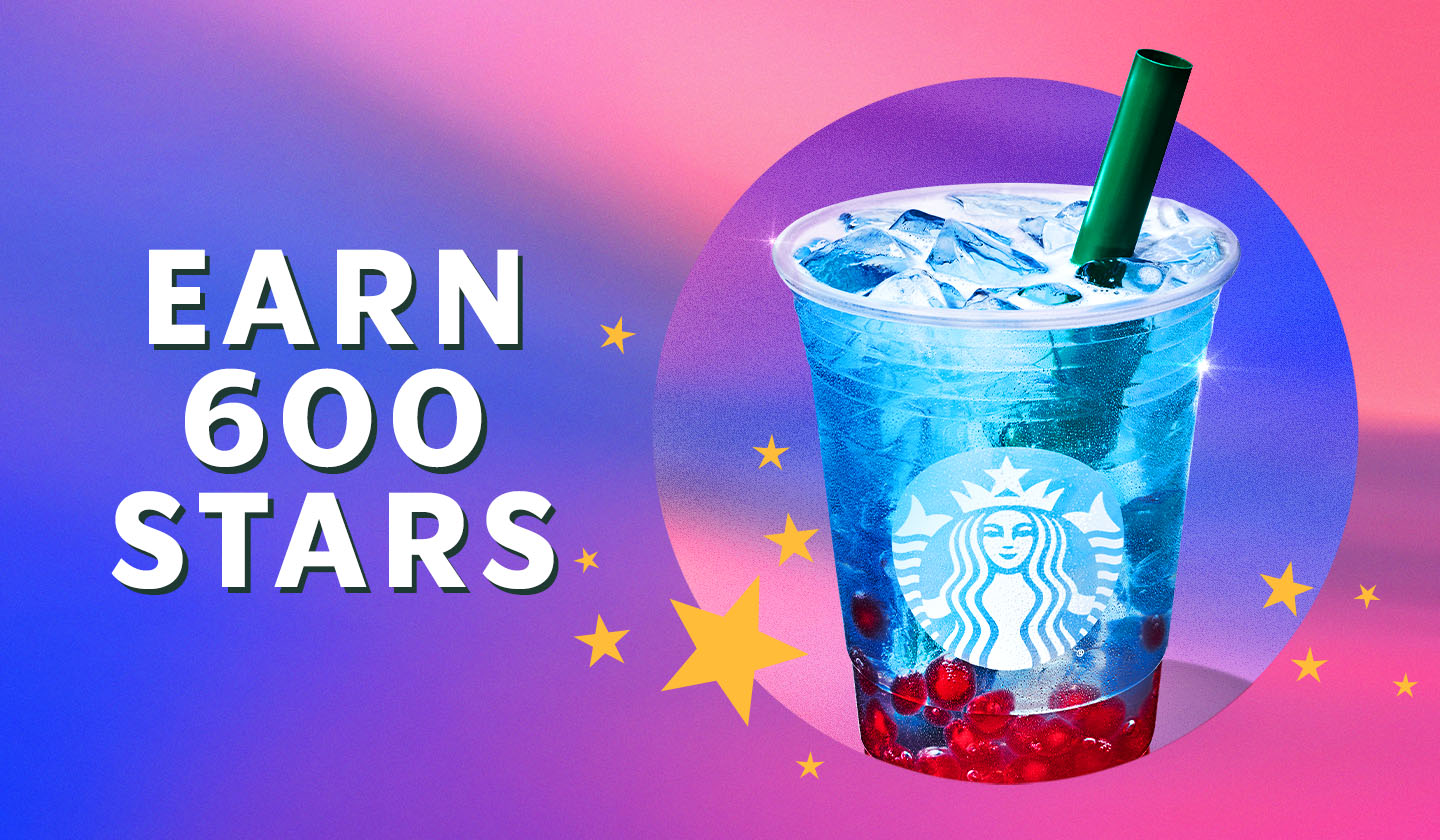 Illustration of Summer-Berry Starbucks Refreshers® Beverage surrounded by Stars