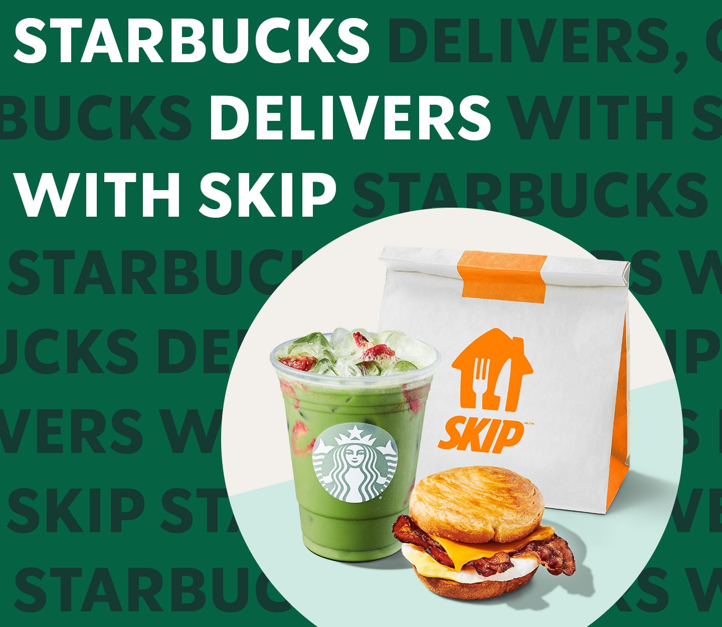 Starbucks Delivers with Skip | Starbucks products with Skip takeout bag