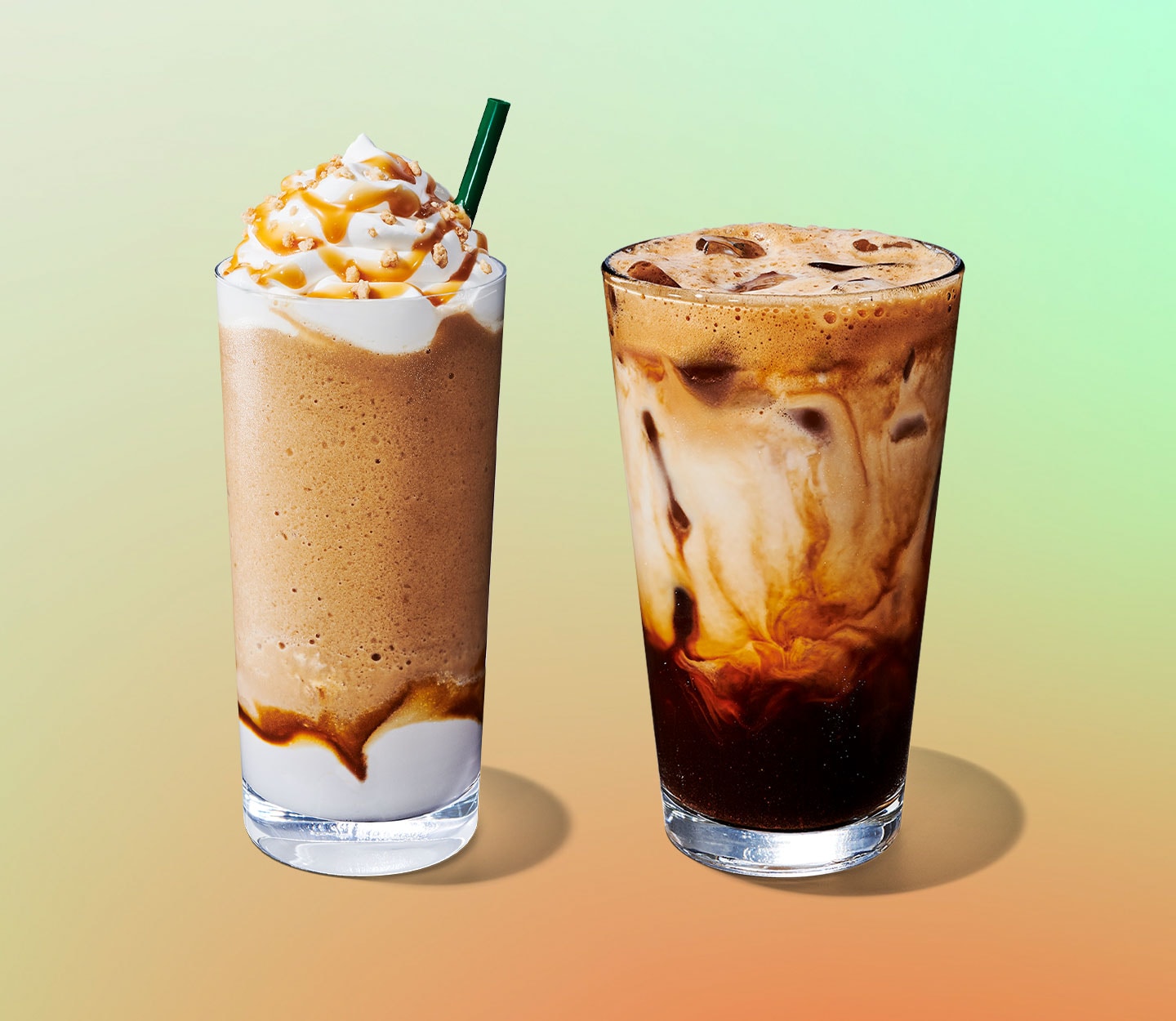 A blended coffee drink with whipped cream and a creamy iced coffee drink.