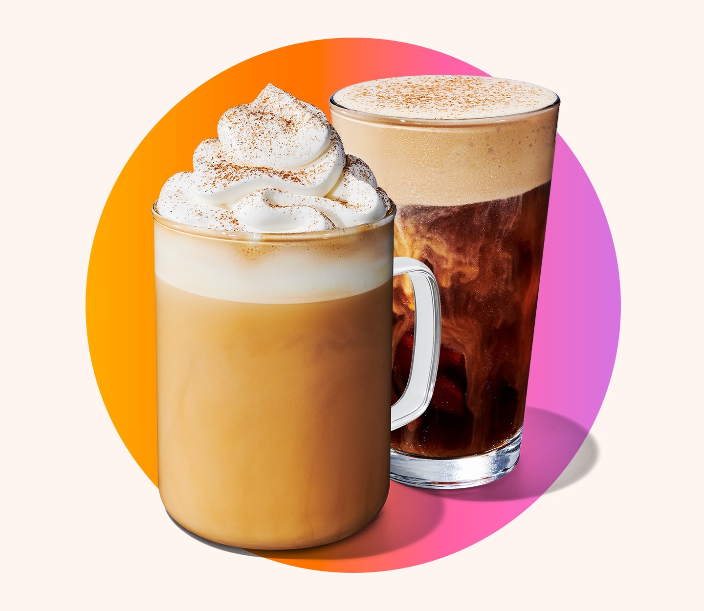 Pumpkin Spice Latte & Pumpkin Cream Cold Brew in glassware infront of an orange and pink gradient.